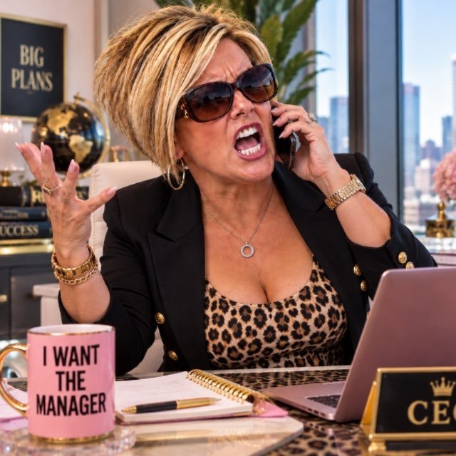 Karen at her desk, demanding to speak to the manager